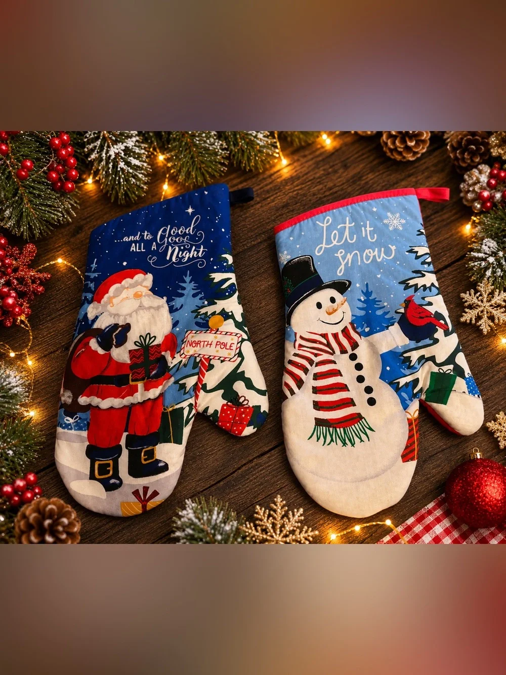 Holiday Oven Mitts - Blue Santa & Snowman Kitchen Mitts
